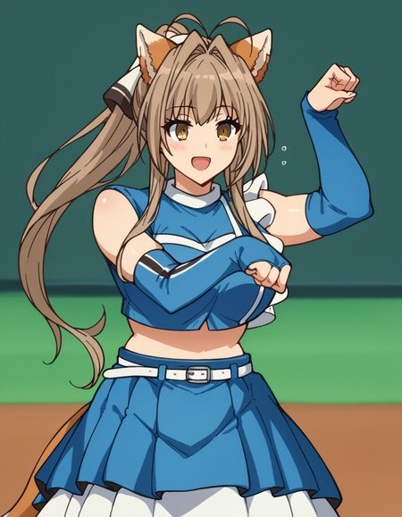 score_9, score_8_up, score_7_up, source_anime, <lora:isuzu-sento-s1-ponyxl-lora-nochekaiser:1>, isuzu sento, long hair, brown hair, bow, brown eyes, ponytail, hair intakes, antenna hair, large breasts, <lora:kitsune-dance-ponyxl-lora-nochekaiser:1>, kitsune dance, cheerleader, layered skirt, paw pose, fox ears, white belt, fox tail, baseball stadium, blue shirt, blue skirt, crop top, sleeveless shirt, midriff, blush, smile, open mouth,, cowboy shot,