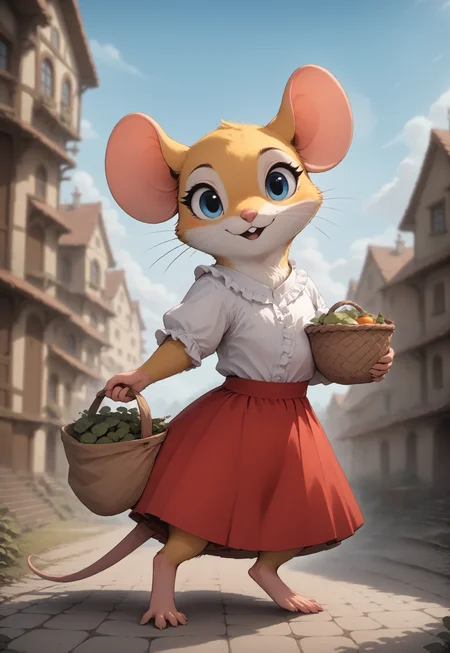 score_9, score_8_up, score_7_up, score_6_up, score_5_up, score_4_up, dynamic pose, action pose, interesting perspective, interesting angle,

((((mouse))), cute, feral, yellow fur, blue eyes, white frilly shirt, red skirt ), cottage, front view, side view, looking at viewer, standing, gesturing, holding basket, holding bag, cheerful, (open mouth:0.4), (blue sky, clouds),
