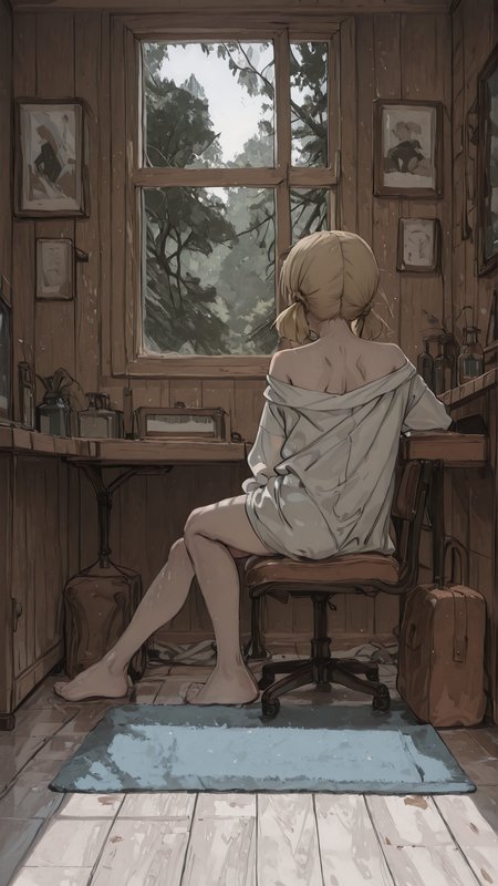 masterpiece, newest,absurdres,incredibly absurdres, best quality, amazing quality, very aesthetic, simple white background,
1woman, large window, nature, room, wodden floor, blue rug, wooden wall, notice, painting, sitting on a wodden chair, oversized shirt, off shoulder, leaning over desk, blonde, french braided twintails, 
 <lora:YB_IL:1> yb <lora:S4bit4mago:1> S4bit4mago_illu,  <lora:re4lity:1> re4lity_sync_illu