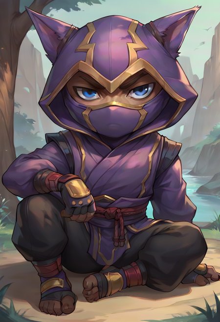 score_9, score_8_up, score_7_up, score_6_up, 1boy, solo, k3nn3n, hood, mask, yordle, solo, 1boy, male focus, hood up, blue eyes, pants, gloves, outdoors, looking at viewer, solo, sitting, <lora:Kennen_Default_v2-000028:0.7>, ninja