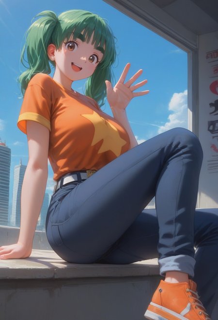 score_9, score_8_up, score_7_up, rating_explicit,1 girl, alone, cute, (voluptuous:1.2), PMDuplica, 1girl, solo, brown eyes, green hair, bangs, twintails, hair tie, thick eyebrows, short sleeves, t-shirt, orange shirt, star print, belt, jeans, orange footwear, sitting, looking at viewer, smile, open mouth, waving arms, BREAK, cityscape, blue sky, sunlight,