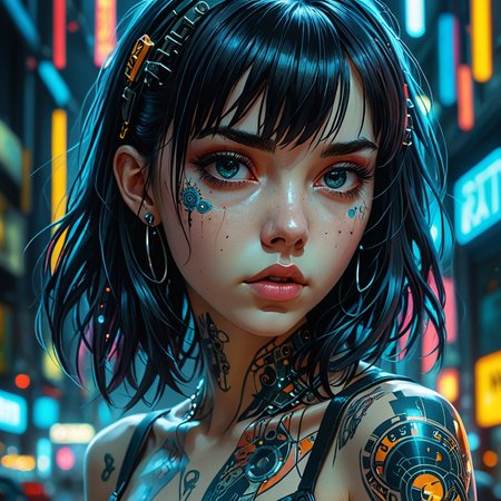 manga style, hyper-detailed portrait of a full-length girl, cyberpunk, (Mindful Machine Art style, Anna Dittmann, jim mahfood, Tim Burton), geometric tattoos, bright colors, shine, reflections, very high contrast, side lighting, light dark, straight black hair, medium long hair, bangs, piercing, blue tones, gloomy atmosphere, shadows on the face, background with neon structures, hyper-realistic, 3D rendering, 4K