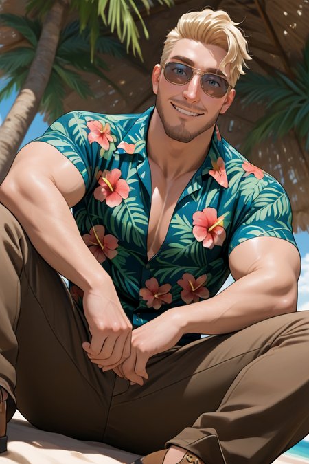 best quality, amazing quality, very aesthetic, absurdres, newest, dynamic angle, intricately detailed illustration, depth of field, masterpiece, volumetric lighting, expressive, dynamic action, masterpiece, perfect, clean detail, clean lines, smooth shading, 
BREAK, tropical island, smiling, looking at viewer, casual pose,
BREAK, 1boy, male focus, solo,coralscott,blonde hair,short hair,blue eyes,facial hair, hawaiian shirt, sunglasses, brown pants, brown shoes,