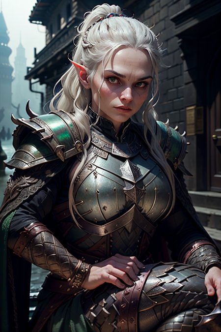 <lora:RPGLizardFolk:1> lizard folk:1.2 1girl side braid in ash blonde  with Emerald eyes  eyes  and Straight eyebrows , defender, knight protector, wearing intricate medium armor  holding Poisoned dagger wide angle, In a labyrinth of mirrors in a forgotten palace, where every reflection tells a different story, in background, realistic:1.2,  masterpeice, ultradetailed, intricate details, perfect quality, ultrashapr, ultradetailed, photorealistic, perfect shadows, profesional lights, realistic, blurry, boekh, masterpiece light works,depth of fiel, ultradetailed character, pefect quality, maximum quality, intricate details, detailed face  By jeremy mann, by sandra chevrier, by maciej kuciara, sharp, (perfect, body:1.1), realistic, real shadow, 3d, (dark castle background:1.2), (by Michelangelo), (profesional lights:1.3) (profesional photography:1.3), full body shoot, concept art of medieval rpg character,sitting with one leg pulled up and arms wrapped around it, looking down