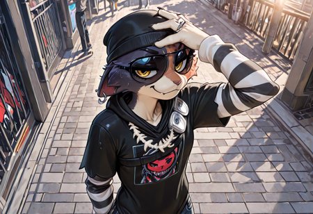 masterpiece, best quality, newest, absurdres, highres, furry, perfect anatomy, mxcaoxzz, multicolored_fur, striped sleeves, black hoodie with graphic, fish bone jewelry, tuna cans strap, denim, ripped jeans, fish bone keychain, sunglasses, eyewear, sunglasses over eyes,  feline, cat, anthro, female, flat chest, solo, solo focus, looking at viewer, standing, smug, smiling, city, streets, sidewalk, sunlight, headshot, hand on head, shocker gesture, shocker, thumb and ring fingers down, middle index and pinky fingers up, 5 fingers, palm out, shockr, wiping sweat, 1girl, solo focus, solo,