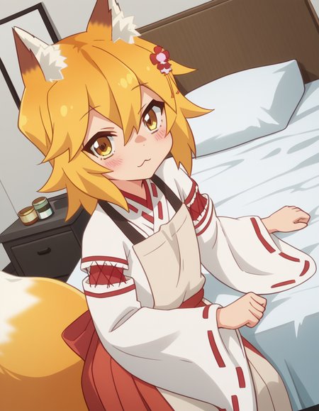 score_9, score_8_up, score_7_up, source_anime,
kitsunesenko, <lora:kitsune-senko-s1-ponyxl-lora-nochekaiser:1>,
senko, bangs, blonde hair, hair ornament, animal ears, hair between eyes, yellow eyes, flower, hair flower, animal ear fluff, fox ears, red flower, fox girl,
long sleeves, tail, japanese clothes, wide sleeves, kimono, apron, ribbon trim, hakama, hakama skirt, ribbon-trimmed sleeves, white kimono, miko, brown apron,
indoors, bed, bed room, on side, blush, drunk,
solo, dutch angle, looking at viewer, cowboy shot,