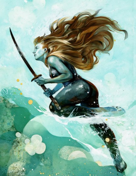 Art by Eli Minaya. A digital illustration shoot from below about a stylized silhouette of a woman with flowing hair, holding a sword, in an underwater environment. the image also shows a dynamic pose, with the woman in the middle of the frame, appearing to be in a crouched position, facing away from the viewer. the woman has long, flowing brown hair and is wearing a black, form-fitting outfit that accentuates her curves. she is holding a katana in her right hand and her left hand is gripping the handle tightly. her facial expression is determined, and her body is slim. the background is a blend of light blue and green hues, with splashes of green and white, creating a sense of movement and depth. the overall style is reminiscent of fantasy art, with a focus on the woman's dynamic pose and the texture of the water.