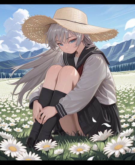 <lora:naruto05:1> naruto05,
(masterpiece), (best quality), (ultra-detailed), amazing quality, very aesthetic, illustration, perfect composition, intricate details, absurdres, incredibly absurdres, shiny skin, realistic,
 naruto05, 1girl, solo, field, hat, flower, letterboxed, blue eyes, skirt, flower field, long hair, outdoors, school uniform, looking at viewer, socks, black skirt, white flower, sitting, serafuku, petals, long sleeves, grey hair, black socks, sky, sailor collar, white shirt, shirt, straw hat, day, hugging own legs, black sailor collar, sun hat, kneehighs, cloud, closed mouth, pleated skirt, mountain, knees up, floating hair, wind, blue sky, general