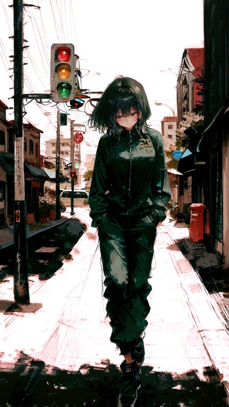 masterpiece, newest,absurdres,incredibly absurdres, best quality, amazing quality, very aesthetic, simple white background, surreal, expressive,
1woman, dark green track suit,sidewalk, traffic light, speed lines, cityscape, public service announcement, daisy,
<lora:ka_marukogedago:0.8> k4_illu, abstract, traditional media, scan, blending, painting \(medium\), oil painting \(medium\)  <lora:fuyumur4s4ki_style:1> fuyumur4s4ki_illu <lora:Goth_GF_Generator_V1_Illu_Edition:1> GF-Illu