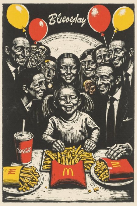 kako1 black and white woodcut print.  A four-year-old girl with twin pigtails is celebrating her birthday at McDonald's, a place that feels like a magical playground for children. The joy on her face is unmistakable as she sits at a table set with a colorful array of items: crispy McDonald's fries in a bright yellow packet, a refreshing cup of Coca-Cola, and a juicy hamburger wrapped in its iconic packaging. Her pigtails bounce playfully as she moves, adding to the lively atmosphere. The table is also adorned with festive decorations, including balloons and streamers that match the vibrant McDonald's red and yellow color scheme. Family members gather around, their smiles reflecting the warmth and love of the occasion. The lighting inside the restaurant is soft yet bright, creating a welcoming environment that highlights the happiness of the moment. This scene captures the pure delight and excitement of a young child's birthday celebration, set against the backdrop of a beloved fast-food chain, where simple pleasures bring immense joy  <lora:kako3_woodcut_cap_d6a3e11:1.0><lora:817675165426199406:0>