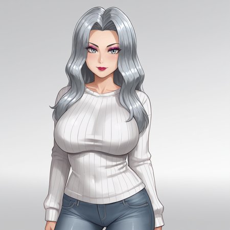 <lora:karenpokemon_pony_v1:.8>  KarenPokemon, 1girl, solo, long hair,large breasts, grey eyes, grey hair, eyelashes, lipstick,eyeshadow, cowboy shot, sweater, jeans