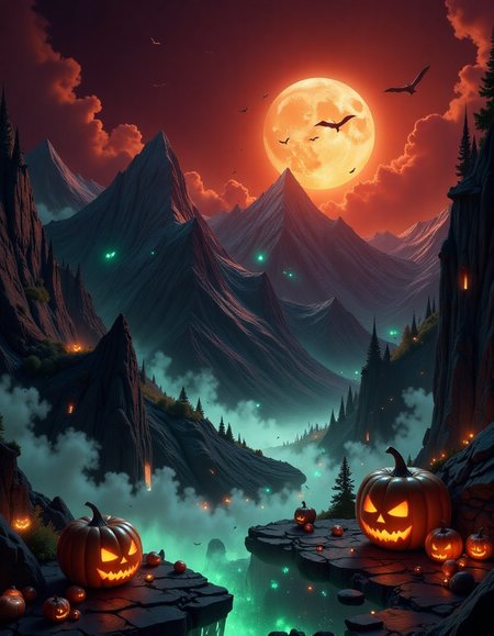 4k photo of a sifi halloween sun setting behind the mountains, intricate, highly detailed, digital painting, artstation, matte, sharp focus, in the style of hall0w33n