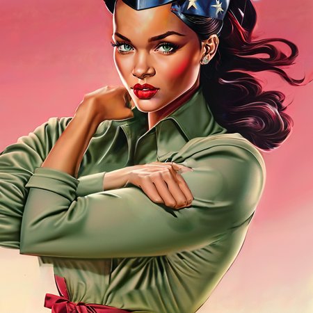 Rhianna flexing Rosie the Riveter pinup in a 1942 factory

SCG768-Bliss