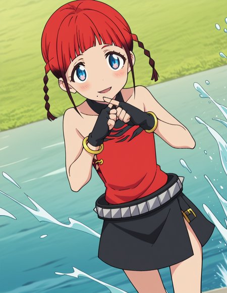 score_9, score_8_up, score_7_up, source_anime, <lora:chise-asukagawa-s1-ponyxl-lora-nochekaiser:1>, chise asukagawa, short hair, blue eyes, braid, red hair, multicolored hair, mole, twin braids, gradient hair, mole under mouth, anime screencap,, skirt, gloves, bare shoulders, jewelry, belt, fingerless gloves, bracelet, sleeveless, red shirt, black skirt,, waterpark, slides, splash, fun, people, smile, <lora:x-fingers-ponyxl-lora-nochekaiser:1>, x fingers, blush, parted lips,, looking at viewer, solo,, dutch angle, cowboy shot