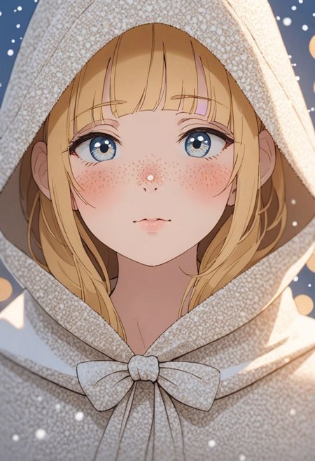 (Blondie:1.0),photograph of a cute adult girl, blonde hair, pale skin, freckles, blush, innocent, petite and youthful face, silver blue eyes, wearing a cloak, city christmas festival, snowfall, Porta 160 color, shot on ARRI ALEXA 65, bokeh, sharp focus on subject, shot by Don McCullin, nsfw, (natural skin texture, hyperrealism, soft light, sharp), (perfect round eyes:1.3), Capture the essence of her beauty, Enrich the composition with soft, diffused natural light that accentuates the textures and colors, creating a timeless and culturally rich image, EyeDetail-SDXL, fFaceDetail-SDXL