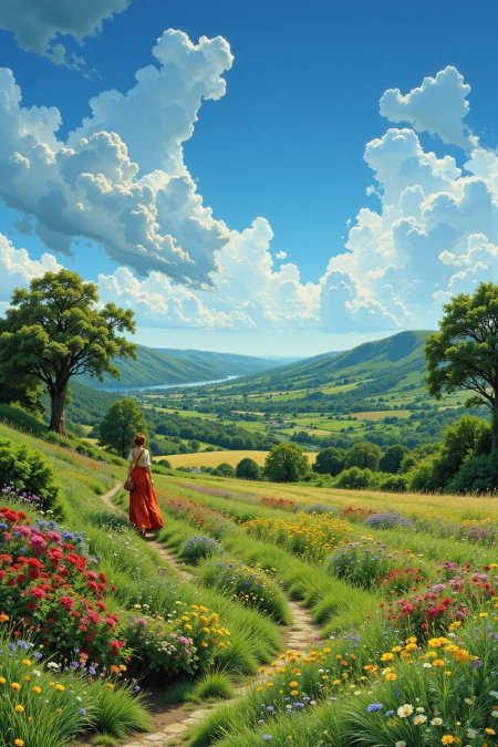 Irish beautiful  landscape, early morning, woman, very intricate, very detailed, sharp, bright, colorful, <lora:Hand v2:0.5> <lora:Anti-Blur:1><lora:Insane Detail Slider:0.25>  <lora:flux.1_lora_flyway_Epic-detail_v2:0.3> <lora:fluxenhancer:0.25> <lora:90s-anime:1> retro anime, 77oussam 90s, studio ghibli style, 1990s anime