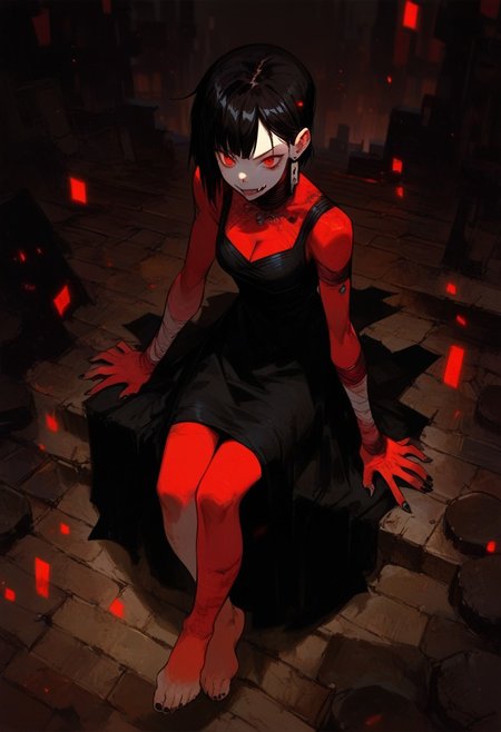 score_9, score_8_up, score_7_up, score_6_up, score_5_up, 1girl, solo, pale skin, red eyes, black hair, bangs, cleavage, 2 fangs, view from above, earrings, legs, feet, stone floor, black nails, hands, sitting, legs, feet, sexy legs, black dress, red trimming, 
city, night,