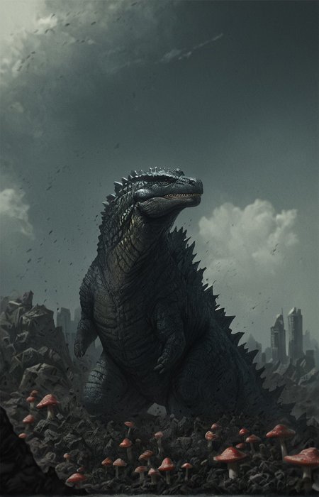 score_9, score_8_up, score_7_up, solo, portrait, from side, 1man, giant dinosaur reptilian monster slender Godzilla, spines, feral, realistic scales, detailed scale texture, solo, outdoors, rubble and debris, mushroom cloud in the background, small city debris in the background, solo, full body, solo, extremely detailed, Macro detailed realism style photograph, 3DMM