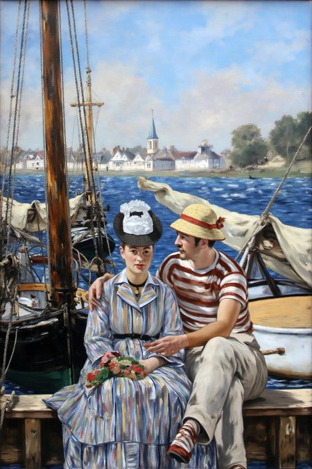 edmanet1 painting. 
The scene is set on a wooden dock, with a sailboat and a small village visible in the distance, featuring white buildings with red-tiled roofs and a church steeple.  In the foreground sits a man and a woman.  The man is wearing a t-shirt with red and white sripes and a hat.  The woman is wearing a leisure dress and a wide-brimmed hat.  A calm sea, is in the background. <lora:edmanet1_cap_d6a3e13:1.0><lora:834764187461872892:0>