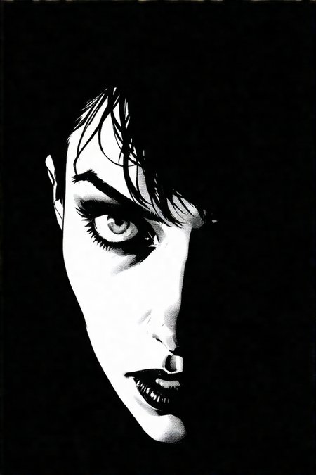 Intense close-up from a slightly low angle: a woman arches her back dramatically, wide eyes piercing the shadows of a gritty noir room. Masterful Frank Miller Sin City style: extreme high-contrast black and white chiaroscuro, harsh graphic novel linework. Tense atmosphere crackles as stark light sculpts her form against oppressive darkness, focusing on her captivating, raw gaze.