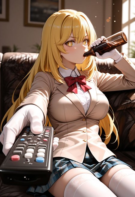masterpiece,best quality,absurdres,highres,very aesthetic,high quality,detailed,insanely detailed,beautiful,perfect lighting, ,depth of field,blurry background,bokeh
 <lora:Shokuhou Misaki illu:1> 1girl, blonde hair, long hair, yellow eyes, symbol-shaped pupils, +_+, large breasts, 
tokiwadai school uniform, red bow, white shirt, collared shirt, blazer, white elbow gloves, long sleeves, plaid skirt, white thighhighs,
<lora:ManWatchingTVMeme_illusXLNoobAI_Incrs_v1:1> sitting, holding bottle, holding remote control, controller, on couch, drinking, looking at viewer,