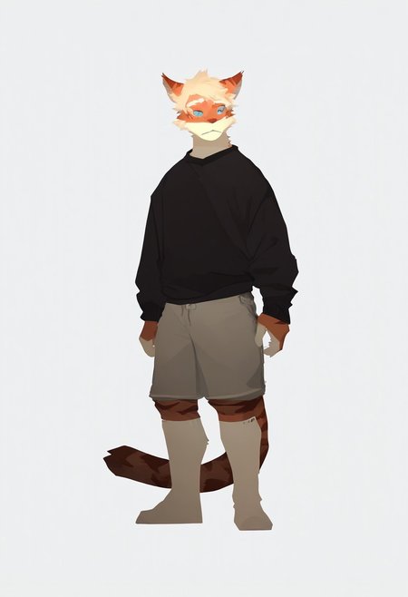 score_9_up, score_8_up, score_7_up, source_furry, dnd, milkytiger, tiger ears, tiger boy, white eyebrows, blue eyes, 1boy, solo, black sweater, gray shorts, full body, standing