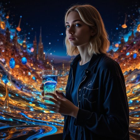 t-shirt, night, blonde hair, girl , RAW, photo, source_photo, highly quality, 8k, she stand at a small stage floor, overlooking an infinite cosmic rave., BREAK, The floating alien island beneath the stage is dotted with glowing star crystals that shimmer in different colors. Her eyes look contemplative as she sips a vibrant cosmic drink, colorful liquid matching her luminous jewelry. The view of stars and swirling galaxies and light trails in the background gives a dreamy feel to this moment. BREAK, glow circuit patterns, style of Light painting, eye focus, gloves, glowing eyes,blacklight makeup, black light paint, blp, made out of,colorful,liquid,Murano Art Glass
