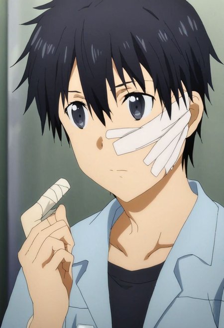 high resolution, solo, best quality, 1Boy, Kazuto Kirigaya, Black Hair, Black Eyes, bandage, patient, hospital, OverallDetail