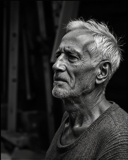 black and white photograph capturing a close-up profile of an elderly man with a deeply textured, weathered face. The image focuses on his right side, showcasing his closed eyes and a serene expression. His skin is wrinkled and lined, with a few visible age spots, suggesting a life of hard work and exposure to the elements. A patch of white, sparse hair can be seen on his head, and a small, neatly trimmed beard frames his mouth. The man wears a textured, possibly woolen, collarless shirt, with visible fabric texture adding to the tactile feel of the image. The background is dark and out of focus, drawing attention solely to the man’s face and the play of light and shadow across his features. The lighting is soft, casting gentle highlights and shadows that accentuate the contours and textures of his face, highlighting the creases and folds. The photograph is a close-up, emphasizing the man’s facial expressions and the depth of his character. The overall mood is contemplative and serene, capturing the quiet dignity of old age., aidmaimageupgrader