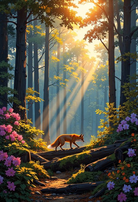 A quiet, mist-laden forest in the Blue Ridge Mountains as dawn breaks. Golden beams of sunlight pierce through the dense canopy of towering trees, illuminating the morning mist that hovers just above the forest floor. The air is thick with the scent of damp earth and wildflowers, with clusters of rhododendrons blooming in shades of deep magenta and soft lilac. A red fox emerges from the undergrowth, its fur glowing subtly in the warm morning light as it carefully steps over a moss-covered log. The forest feels untouched and sacred, a moment of pure stillness before the world awakens.
