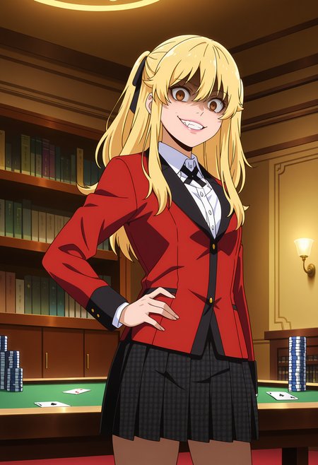 anime screencap, masterpiece, best quality,
<lora:Kakegurui_SaotomeMary_IlluXL:0.9>,
1girl, solo, crazy eyes, crazy smile,
two side up, blonde hair, long hair, hair between eyes, brown eyes, pink lips, hair ribbon, black ribbon,
black cross tie, collared shirt, white shrit, red jacket, checkered skirt, pleated skirt, black skirt, 
hand on own hip, standing, looking at viewer, cowboy shot,
indoors, playing cards, bookshelf, table