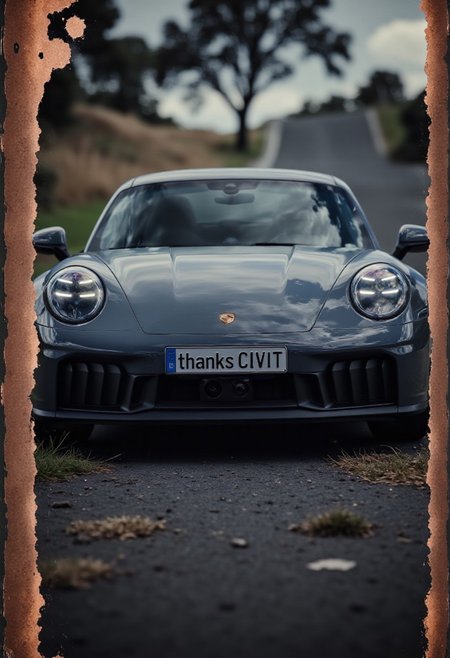 super low camera angle, (masterpiece:1.4), with displayed speed and movement, professional photo, close-up a Porsche 911 GTS miniature car, numberplate reads "thanks CIVIT", epic environment that looks like a movie set, blurry background with dramatic, (natural light:1.2), amazing depth of field, shot on Lumix GH5 (cinematic bokeh , dynamic range, vibrant colors) 
detailmaximizer,gaming, magic bronze frame with car parts and details