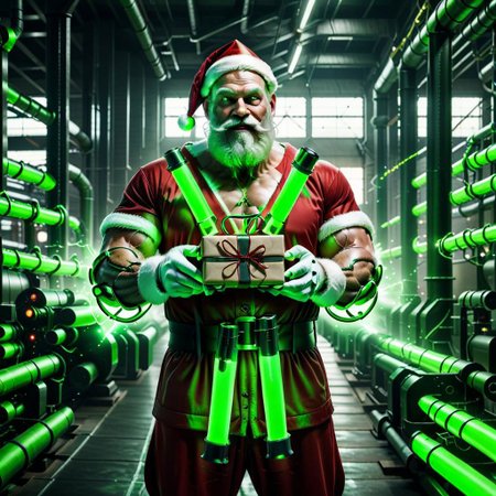 raw photo,cinematic shot,professional photography,cybermutant santa claus with glowing green tubes on his body holding a present in an industrial factory