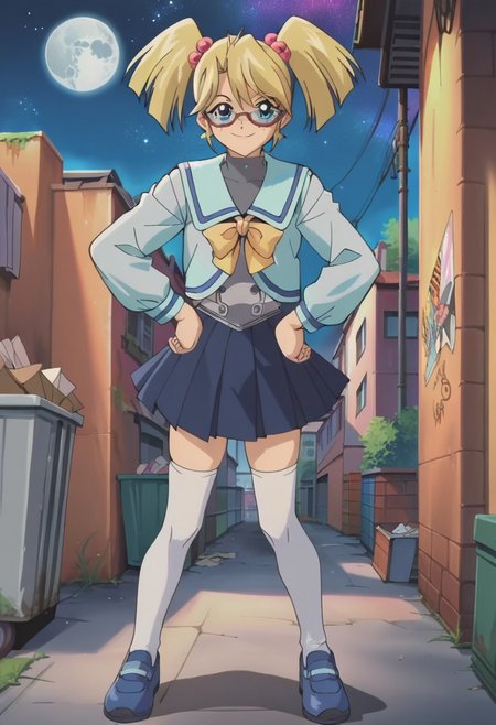 uncensored, score_9__up, score_9, score_8_up, score_8, score_7_up, score_7, score_6_up, score_6, score_5_up, source_anime, anime screencap, anime coloring, highres
upper body, close-up, face focus, looking at viewer standing, smirk, naughty face, mean look, hands on hips
dark alley, garbage, paper, trash cans, graffiti, torn posters, detailed background, night sky, stars, black sky, moon, moonlight, moon's ray, dim lights, cityscape
YGORebecHawki, 1girl, Blonde Hair, freckles, blue eyes, RH3, twintails, hair bobbles, glasses, semi-rimless eyewear, red-framed eyewear, sailor collar, serafuku, long sleeves, bow, grey shirt, zettai ryouiki, blue skirt, pleated skirt, white thighhighs, blue footwear, shoes