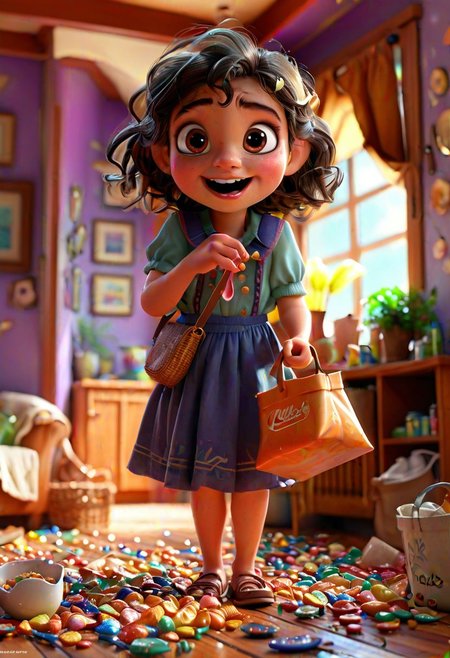 celluloid style, wave painting, american illustration, little girl holding a bag of snacks, with crumbs around her mouth, colorful watery eyes, happy, in the room, 3d, blender, oc, c4d