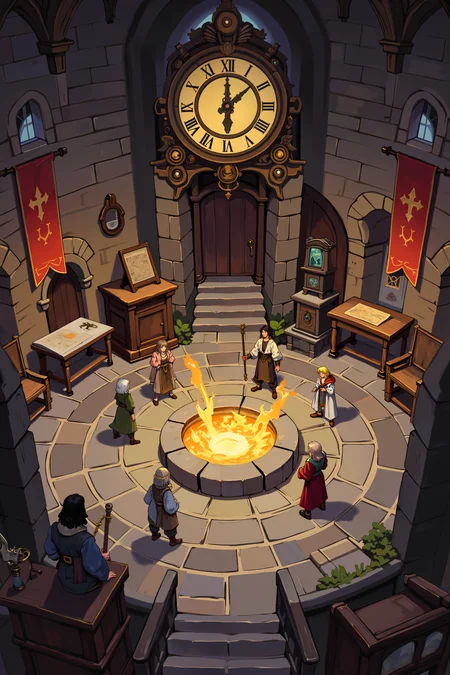 a medieval fantasy setting shows a large room with stone walls and a large, ornate clock with Roman numerals. The room features a circular stone floor with a glowing central platform, surrounded by various characters in medieval attire. There are banners and tapestries on the walls, and a small table with a map. The atmosphere is dimly lit, creating a mysterious and historical ambiance. , detailed background  Fantastic lighting. Detailed shadows.intricate details, vivid colors, hyper-detailed, ultra-sharp, , <lora:XRSTYLE_FLUX:0.7><lora:RetroAnimeFluxV1:0.4><lora:MoriiMee_Gothic_Niji_Style_FLUX:0.3>