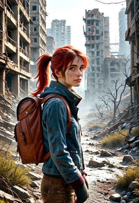 1girl, Masterpiece, 8k, ultra high detail, score_7 up, 
volumetric lighting, vivid colors, vibrant colors,  score_8_up, score_9,  small breast size, sporty red ponytail hair,  fcNeg, stunning green eyes, freckles, white skin, small nose, innocent beauty, slim face,  cute face, skinny body, perfect body, extreme detailed body, intence green eyes,  perfect face, ultra high detailed face, perfect eyes, petite, 
Cold, red dust everywhere, Wandering through ruins, 
Wasteland Tribal_Leather_Parka, fur lined, mittens, hood over head,  wasteland clothes, 
Dirty, dirty face, dirty skin, backpack filled with stuff,
  simple_big_brown_leather_backpack_full_with_stuff, 
Post Apocalyptic, big city Wasteland, skyscraper ruins,