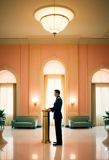 SimpleIllustration A lonely bellboy stands in the lobby of a pastel-toned grand hotel, soft surrealism, projected light effects, Kodak Portra film aesthetic, high-angle perspective, delicate still-life composition, studio lighting, chiaroscuro contrast, dreamy atmosphere, fine art photography, muted tones, cinematic glow, ethereal textures, subtle depth, painterly quality, moody elegance