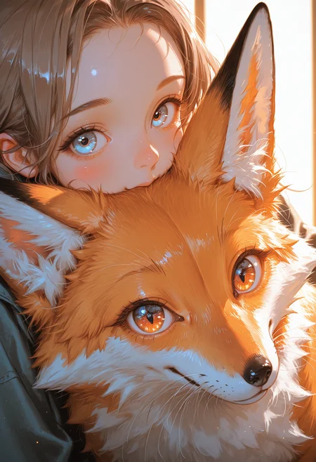 1girl, human, fox, fluffy, duo,
close-up, side angle, heads stack, looking at viewer,
large eyes, light blue eyes, eye reflection, wavy brown hair, forehead, eyebrows, peach skin, pink cheeks, pink nose,
orange and white fur, brown eyes, black nose, whiskers,
soft lighting, gentle light, warm lighting,
kind atmosphere, warm atmosphere, curious atmosphere,
innocence, gentle expression, curious expression,
masterpiece,best quality,amazing quality,
 <lora:GBF_Illustrious:0.5>, <lora:MoriiMee_Gothic_Niji_Style_Illustrious_r1:0.5>, <lora:Smooth Booster:0.5>, <lora:USNR STYLE_XL_loha:0.5>