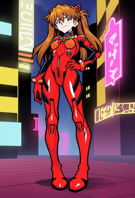 best quality, amazing quality, very aesthetic, absurdres,
BREAK
1girl, asuka langley, red plugsuit, standing, smug, looking at viewer, futuristic background, neon light , buildings, night,   <lora:TwewyNoobLocon_byKonan:1>