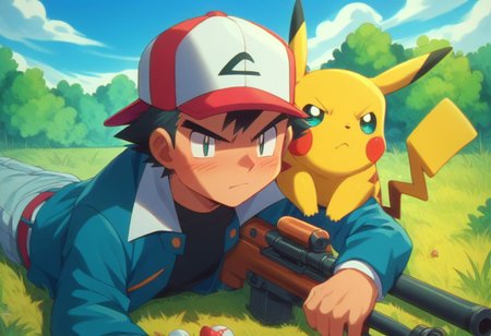 score_9, score_8_up, source_anime, highly detailed, 1boy, solo, skinny
ash3, 1boy   laying on the ground,  holding a Sniper Rifle, , pokemon (creature), hat, male focus, baseball cap, black hair, day, on shoulder, jacket, shirt, black shirt, sky, determined,
outdoor,