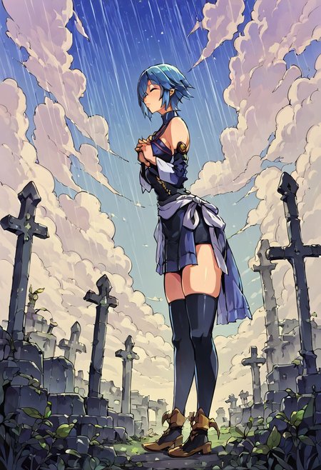 score_9, score_8_up, solo focus, solo, aqua, outdoors, wide hips, narrow waist, skindentation, thigh highs, closed mouth <lora:AquaSDXL:1>  , takeda hiromitsu style, solo, graveyard, praying, closed eyes, rain, outdoors, cloudy sky, leaf, ruins, sunbeam, on her knees, side view,