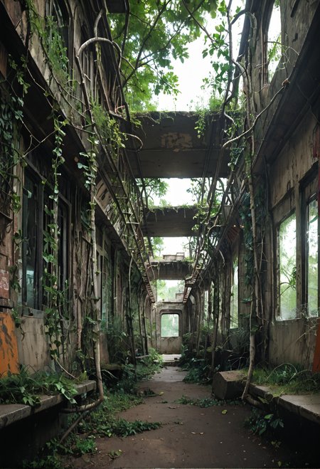 ,ruanyi0777,moss,vines,overgrown,tree,ruins,broken window,outdoors,cityscape,sidewalk,ground vehicle,vehicle focus,road,lamppost,,ruanyi0774,belly chain,garter belt,apricot underwear,apricot thighhighs,<lora:0777 no one world_v1_pony:1>,<lora:0774 Sexy lingerie 12_v1_pony:0.7>, score_9,score_8_up,score_7_up,,8k,1girl,solo,