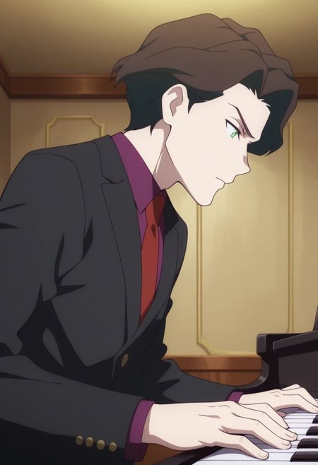 masterpiece,best quality,amazing quality, source_anime, 
AndrewHanbridge, 1boy, male focus, solo, green eyes, brown hair, shirt, purple shirt, collared shirt, necktie, red necktie, jacket, black jacket, playing piano,
indoor,