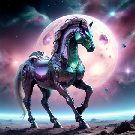 ((best quality)), ((masterpiece)), ((realistic,digital art)), (hyper detailed),DonMC3l3st14l3xpl0r3rsXL  Gigantic Prowling Scaled Subdued Equine,  Digitigrade Appendages, Multi-Tailed, Tufted-Tailed, Iridescent Skin,  , tech, scifi, futuristic , 8K, HDR,  <lora:DonMC3l3st14l3xpl0r3rsXL-000007:1>