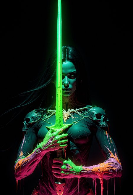 A close-up of a female figure holding a glowing neon green sword. Her skin is a smooth, deep blue tone, while her facial expression is neutral and focused. Her long black hair cascades down her shoulders. Bright, multicolored glowing paint drips from her hand and arm, blending green, pink, orange, and yellow hues, as if melting from her grip. Her left hand firmly grips the sword, which emits a vibrant, intense green light. The sword itself has a glowing texture with neon green liquid-like substance seeping along its length. Her clothes and upper body are covered in a swirling mix of black and neon colors, with dark shadows creeping across her figure, and skeletal faces barely visible within the patterns. Her entire appearance is abstract, with a surreal liquid-like aura around her. The background is solid black, emphasizing the glowing neon colors of the figure and sword.     <lora:dark_fantasy_flux:0.83> <lora:FredFraiStyle-FLUX-Share:0.63> <lora:sxz-Dark-Fantasy-v2-Flux:0.33> drkfnts style,