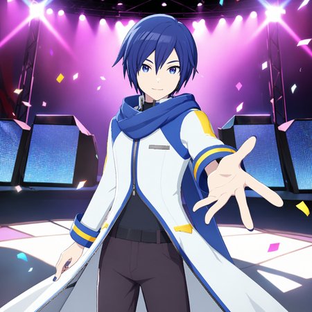 1boy, kaito \(vocaloid\), vocaloid, masterpiece, very aesthetic, absurdres, official art, newest,
default kaito, solo, blue hair, blue eyes, cowboy shot, male focus, (contrapposto:1.2),
(looking at viewer:1.4), reaching towards viewer, smile, BREAK
black headset, white coat, blue scarf, pants, blue nails, zipper, nail polish, grey pants, shirt, zipper pull tab, long sleeves, black shirt, belt, long coat, boots,
show stage, stage light, neon light, confetti-flurry, psyllium, large screen behind, 
 <lora:sdxl-vs-DefaultKaito01:0.8:lbw=0,0,0.2,0.2,0,0.4,0.4,0,0.8,0.8,0,0,0,0.8,0.8,0.6,0.8,0.0,0.0,0.0,0,0,0,0,0,0>