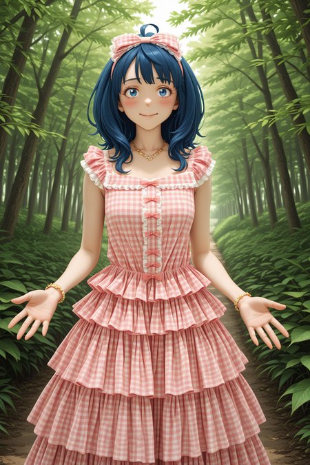 masterpiece, best quality, amazing quality, 1girl, solo, makeup, general, looking at viewer, blush, smile, spread hands, cowboy shot, blush, nature, tongue, shy, <lora:Yanami Anna:1>, Yanami Anna, blue eyes, (blue hair), ahoge, <lora:Showaretro_sweetgirl_cakedress:1>, Showaretro_sweetgirl_cakedress, dress, plaid, hair ornament, jewelry, necklace, frills, bow, bracelet, hair bow, shoes, sleeveless, frilled dress, (layered skirt:1.2), (ribbon hairband:1.1), ((plaid long dress, long dress)), white pantyhose, <lora:wai-2Rectified-V140:1>, <lora:illustrious_noobai_epsilon_pred_1_masterpieces_v1:1>