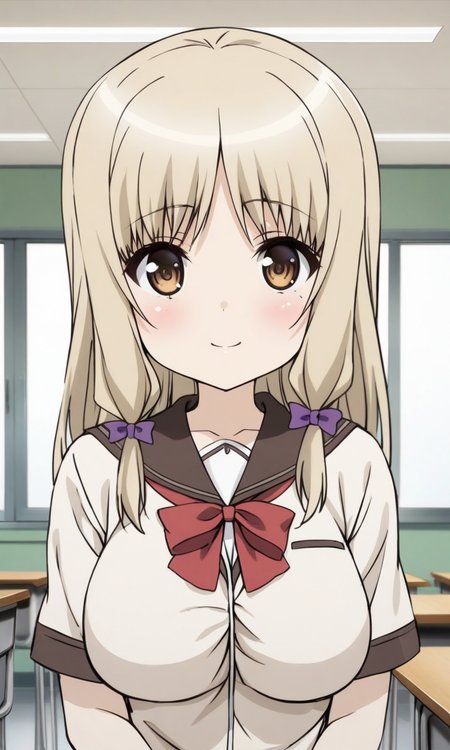 masterpiece, best quality, BREAK
solo, kujoufumi, (big breasts:0.6), school uniform, 
looking at viewer, light smile, blush, red bow, 
indoors, classroom, 
<lora:KujouFumi_XL:1>
