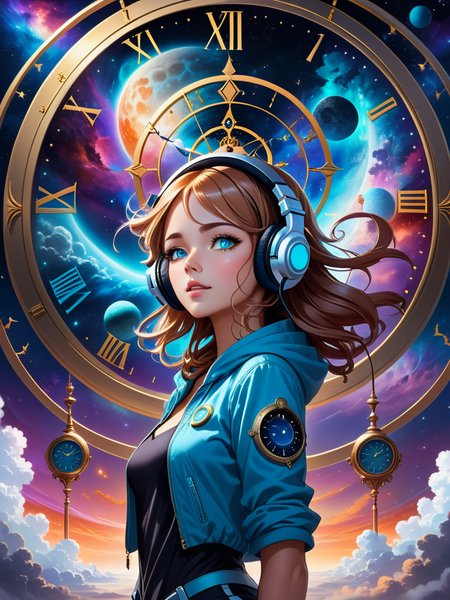 breathtaking woman with headphones standing in front of a clock, in the style of mystical realms, space art, nightcore, richly colored skies, gorecore, painted illustrations, wandering eye . award-winning, professional, highly detailed